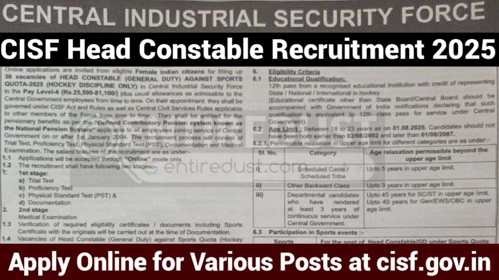 CISF Head Constable Recruitment 2025